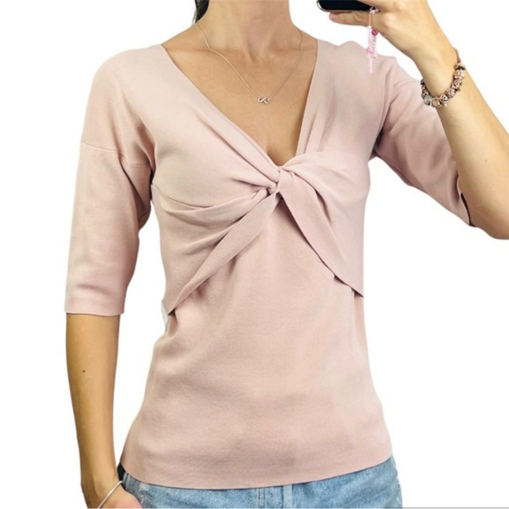 Portmans Lou Bow Milano Knit Top Pink Twist Knot Vneck Size M 12